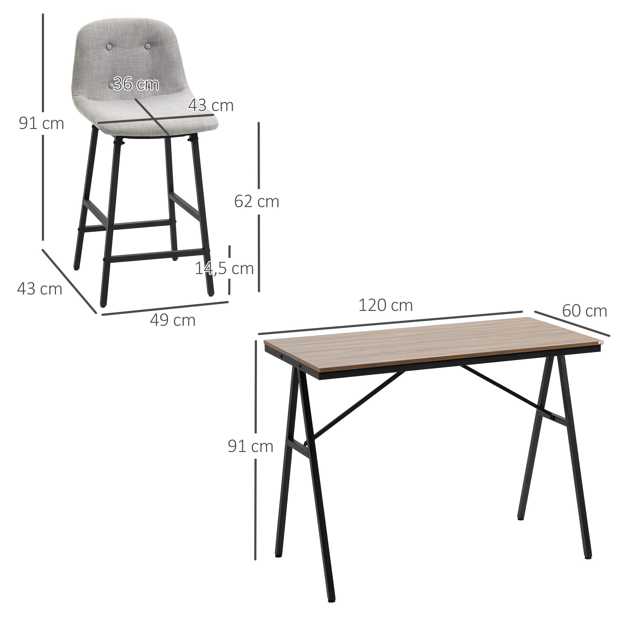 HOMCOM Ensemble Table de Bar avec 4 Tabourets, Table à Manger Debout avec 4 Chaises Rembourrées, Pieds en Acier, Style Industriel, Table Haute Bar pour Salle à Manger, Cuisine, Gris Clair