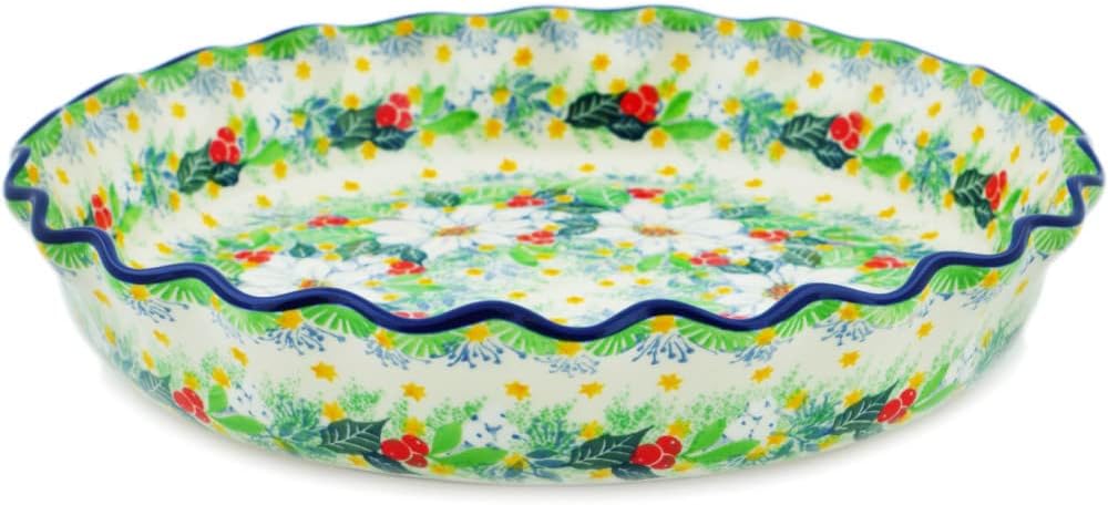 Polmedia Polish Pottery Fluted Pie Dish UNIKAT - Twinkle Stars Pattern Handmade in Boleslawiec Poland by Ceramika Artystyczna + Certificate of Authenticity
