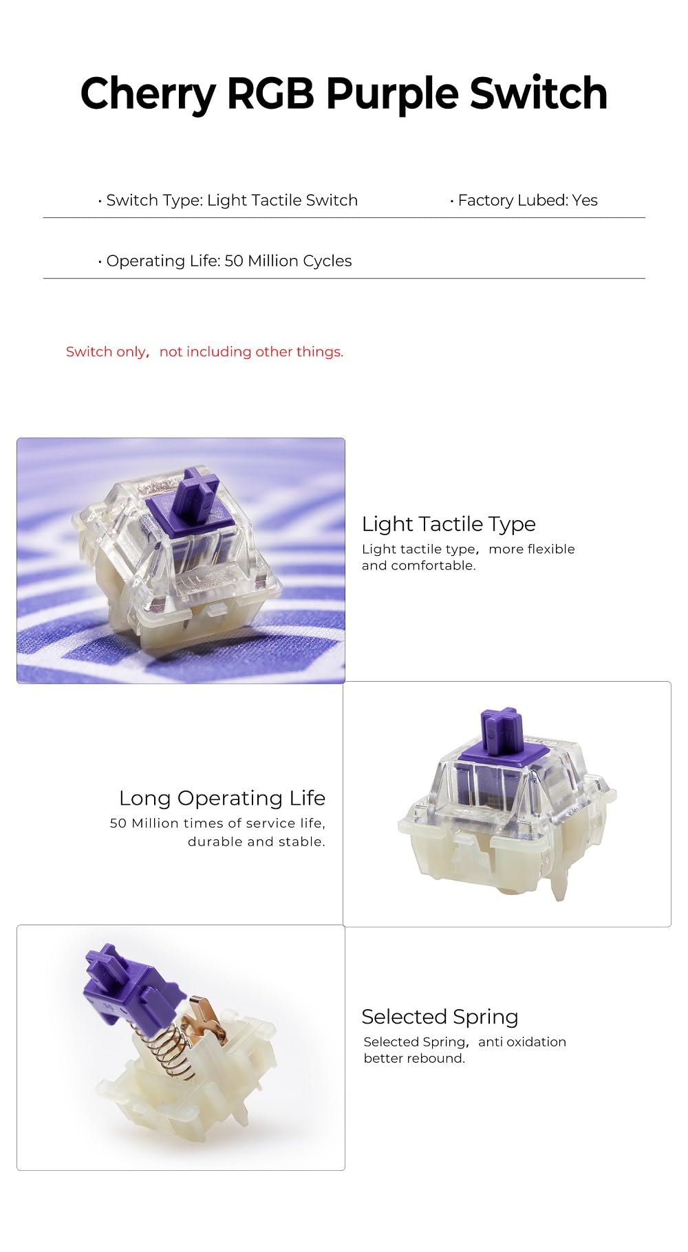 KPREPUBLIC Cherry MX2a RGB Lot de 70 commutateurs tactiles pré-lubrifiés pour clavier mécanique de jeu 5 broches (MX2a Violet Switch x70)