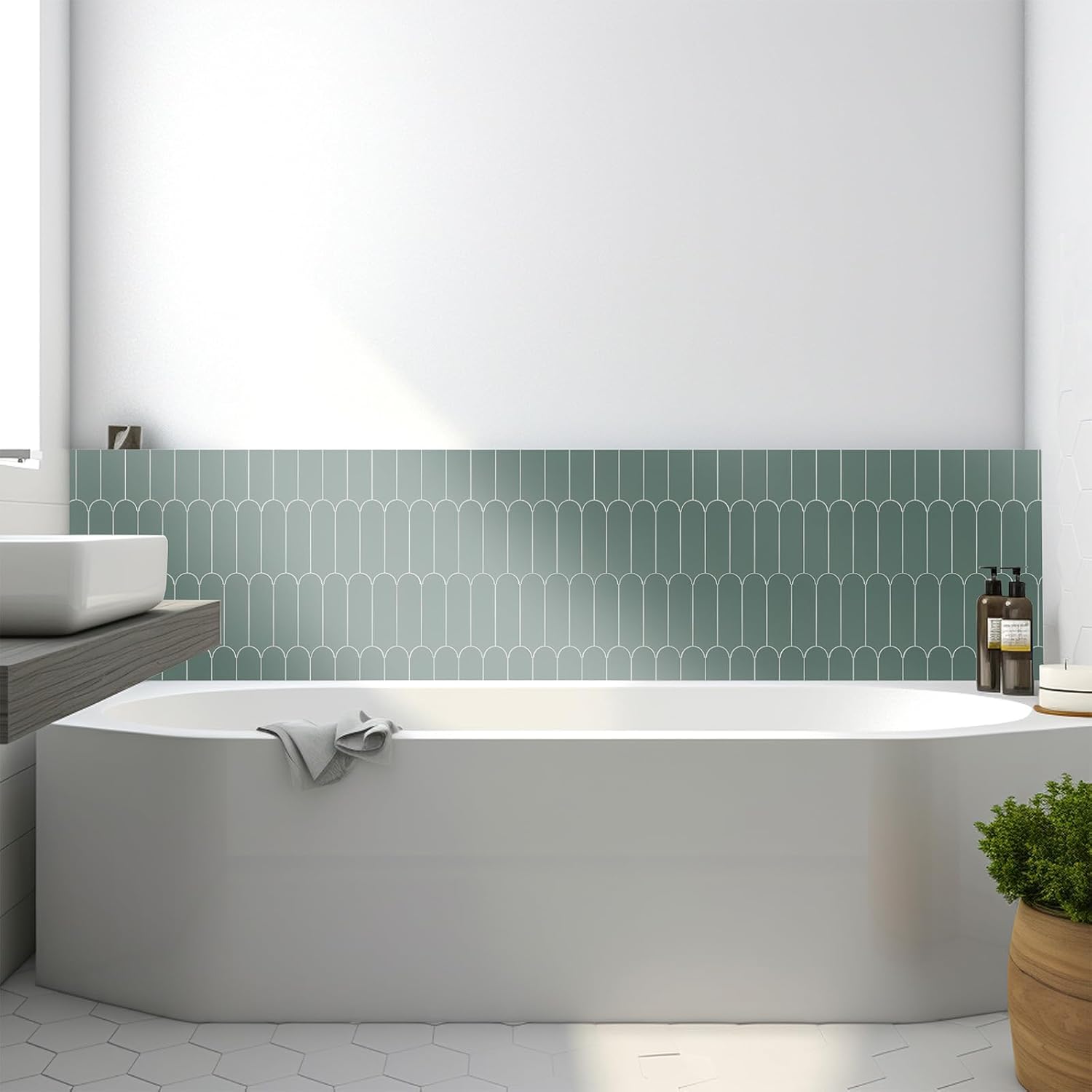 Olive Green Peel and Stick Backsplash, 6-Sheet Rigid Feather Wall Tiles with Matte Finish, Ceramic Look Self-Adhesive Tiles for Kitchen (11.3"x11.4", 5.39 sq.ft)