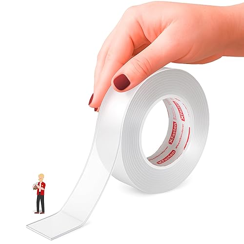 XFasten Nano cinta reutilizable de doble cara, 1 pulgada x 15 pies, cinta de agarre de gel transparente sin rastro, multifunción, móvil, lavable,
