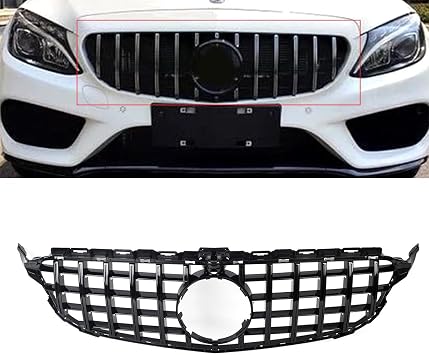 KARPAL Front Grill Grille Compatible with 2014-2018 Mercedes-Benz W205 C300 AMG GT R with Camera Black