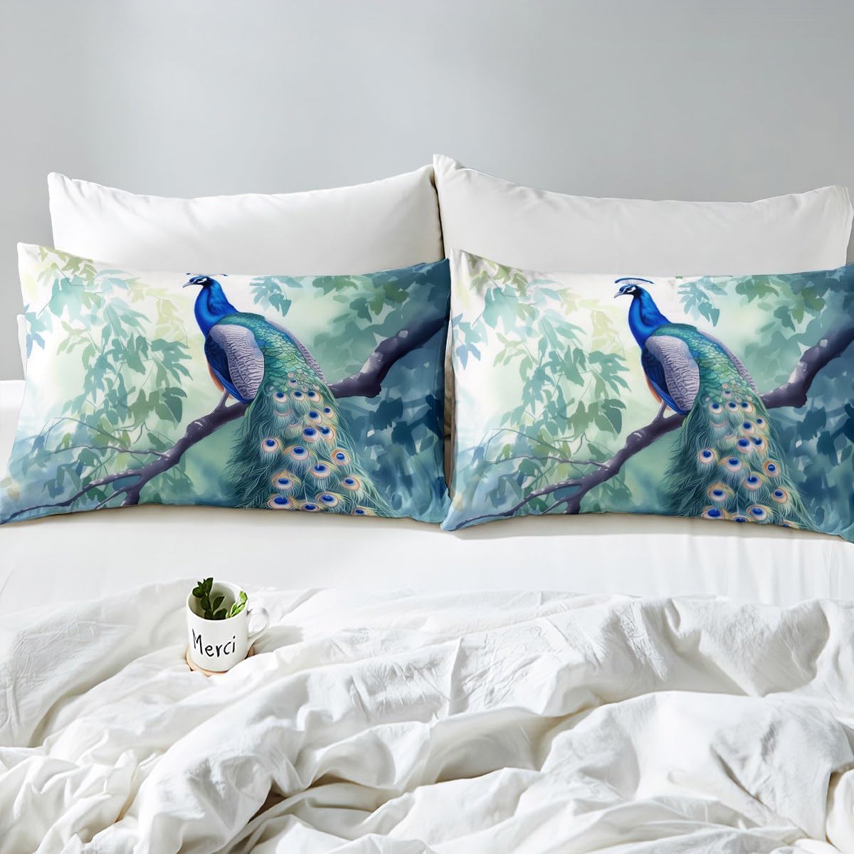 Chinoiserie Chic Peacock Duvet Cover Garden Botanical Bird and Tree Branches Vintage Stylized Bedding Set Tribal Vintage Peacock Feathers Decorative Comforter Cover Set with 1 Pillow Sham,Twin,Blue
