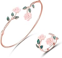 Vintage Rose Garden 2pc Jewelry Set for Women: Red Roses Bracelet & Pink Flower Ring, Gold/Silver/Rose Gold - Wedding Valentine's Gift