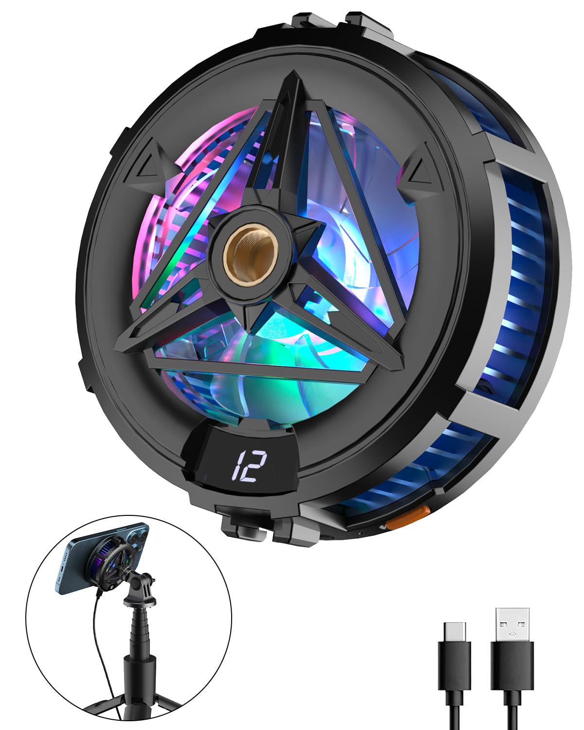 MOBILIFE Smartphone Cooler with 1/4" Screw Hole, 3 Cooling Modes, LCD Display, RGB Light, Semiconductor Technology Instant Gaming Cooling Fan for iOS and Android Phones, iPad (Black)