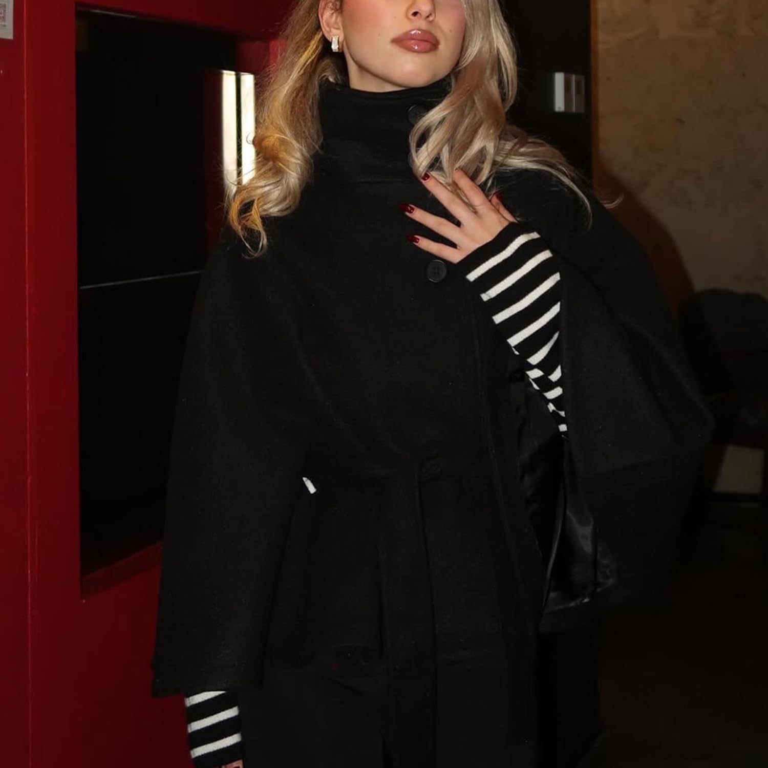 Womens Batwing Sleeve Poncho Pea Coats Elegant Stand Collor Capes Jacket Cloak Belted Fall Trendy Casual Outerwear - Image 5