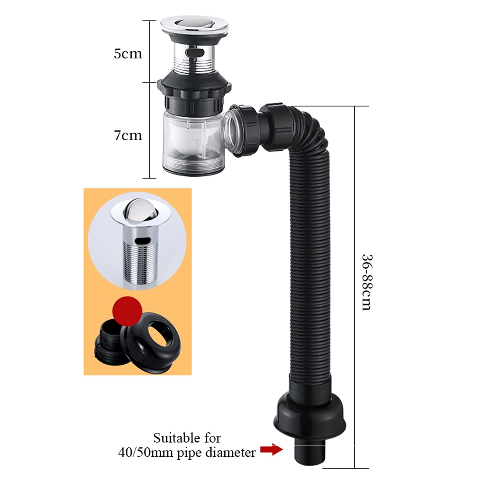 Trampa de Botella, Sellado Antiolor Antibloqueo Accesorios para fregaderos Drenaje de Pared/Suelo Universal Durable Lavabo Tubo de desagüe (Color : Negro, tamaño : B)