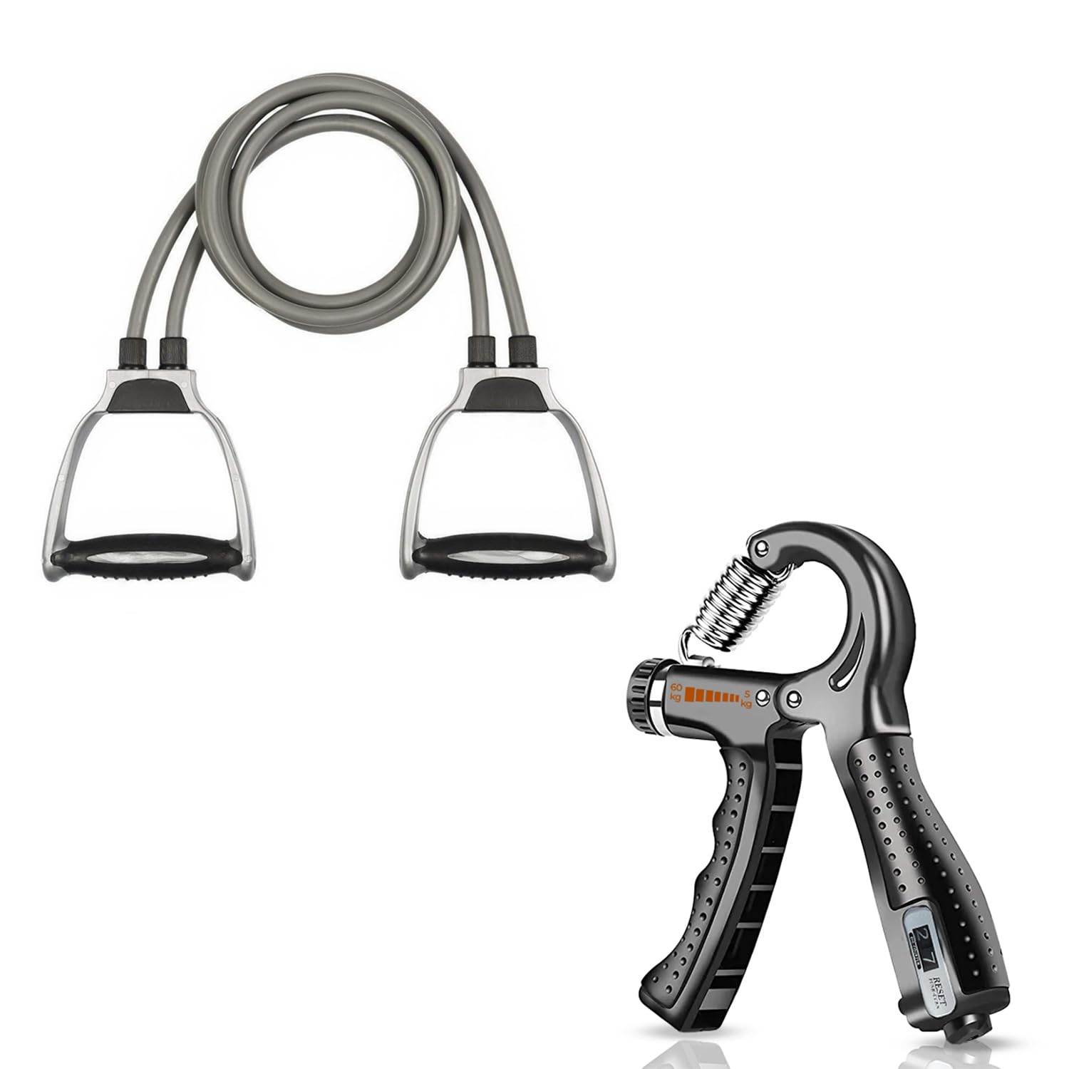 RASCO Double Toning Tube & Adjustable Hand Grip for Full Body Workout, Exercise, Equipment Resistance Tube with Comfort Handles Latex Hand Grip (Black and Gray)