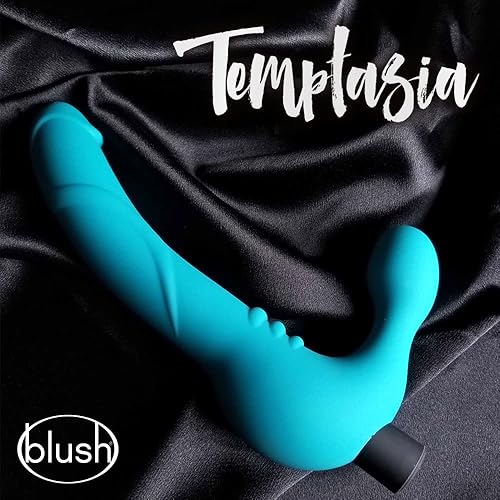 Miniatura 15 de Blush Temptasia Estella - Consolador vibrador curvado de silicona de 9.5 pulgadas, doble extremo sin tirantes, recargable, impermeable, profundo