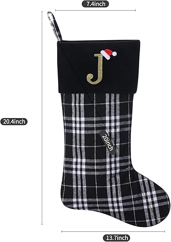 Miniatura 2 de Calcetines de Navidad personalizados con monograma inicial, adornos colgantes, medias clásicas de cuadros negros de 19 pulgadas, decoraciones de