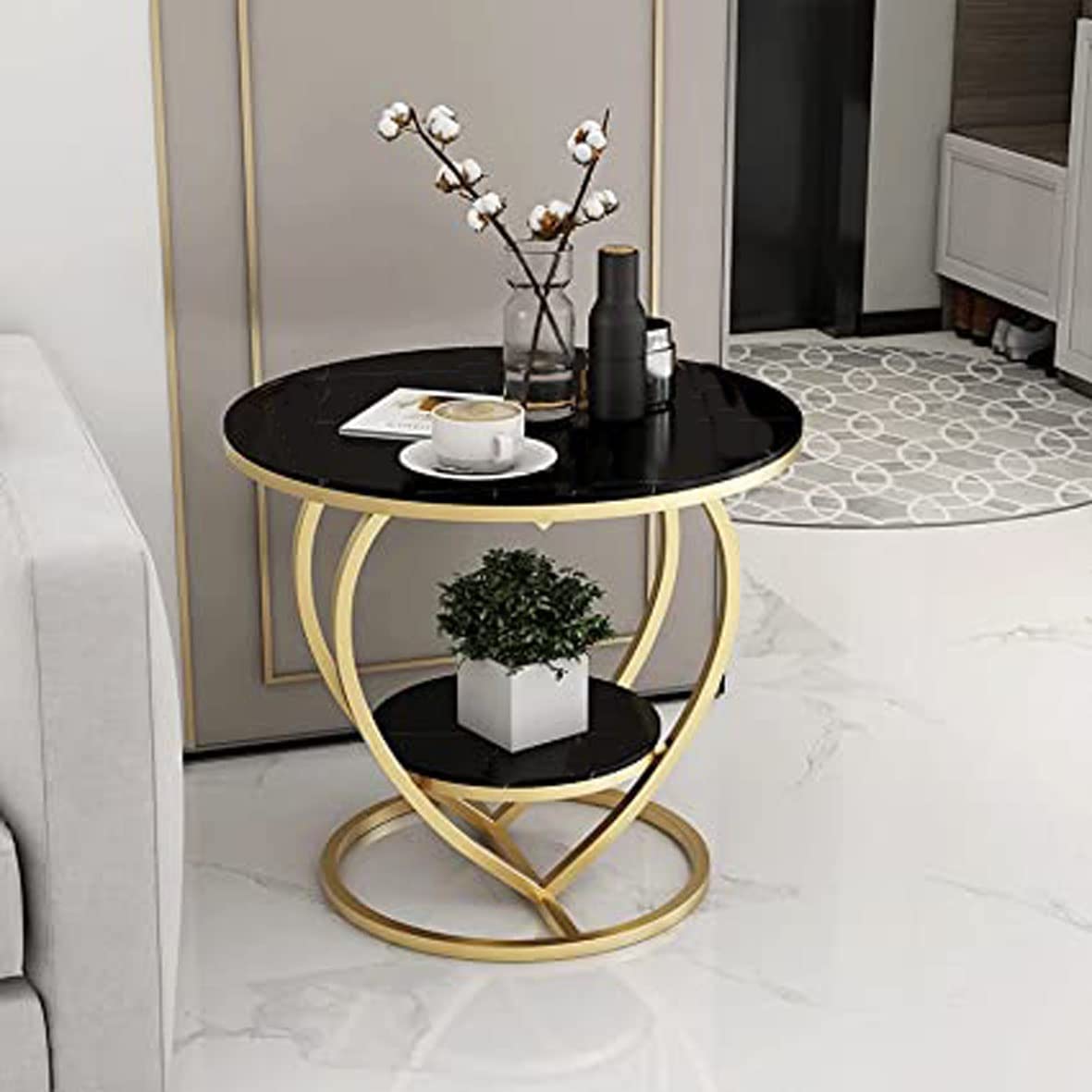 Zoo MART Table Nesting Side Coffee Table Golden White Marble Finish Table Top Sturdy Metal Frame Wood Desk Centerpiece Living Room Bedroom Apartment Modern Industrial Simple Nightstand TOP BLK