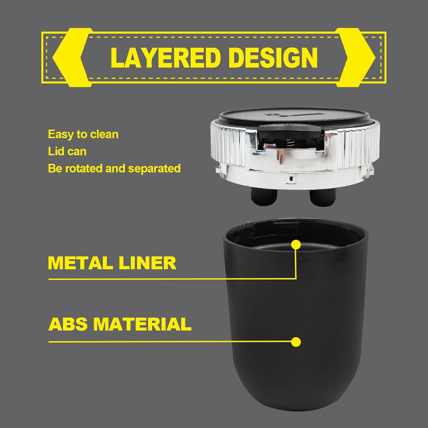 Smokeless Car Ashtray with Lid, Detachable Design with Stainless Steel Inner Container and LED Blue Light, Portable Mini Trash Can for Universal Vehicle Interior Accessories (Silver)