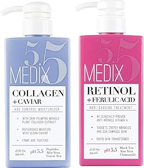 Medix 5.5 Retinol Cream and Collagen Cream Set. Medix 5.5 Retinol Cream with Ferulic Acid targets Crepey Skin, Wrinkles and Sun Damaged Skin. Collagen Cream firms and tightens Sagging Skin. Two 15oz