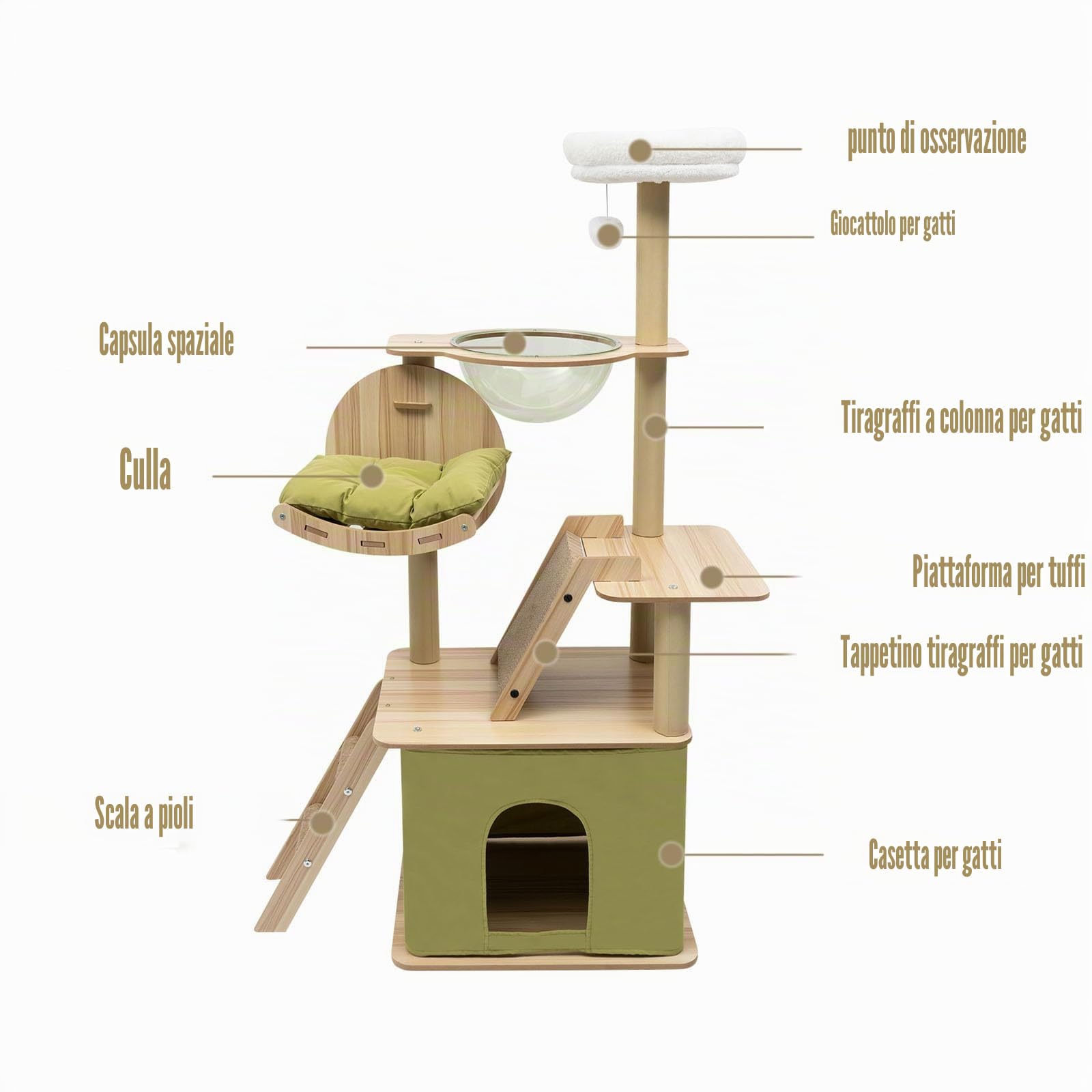 Torre per Gatti con Grande Letto Imbottito, Stabile Tiragraffi per Gatti Domestici, Altezza 40 x 55 x 140 cm, Colore Log