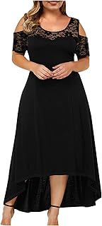 Summer Plus Size Maxi Dresses for Wedding Guest, Women Black Sexy Lace Cold Shoulder Short Sleeve Crewneck Long Dress - Buy now