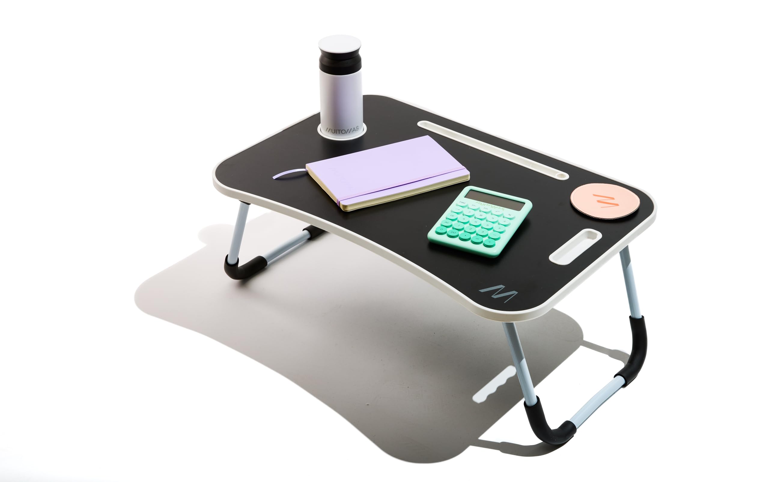 Table de Travail Intelligente, Bureau Pliable en Plastique et métal, Pliable avec Porte-gobelets et Support de Tablette, pour lit et canapé, 60 x 40 x 30 cm, Couleur Noire