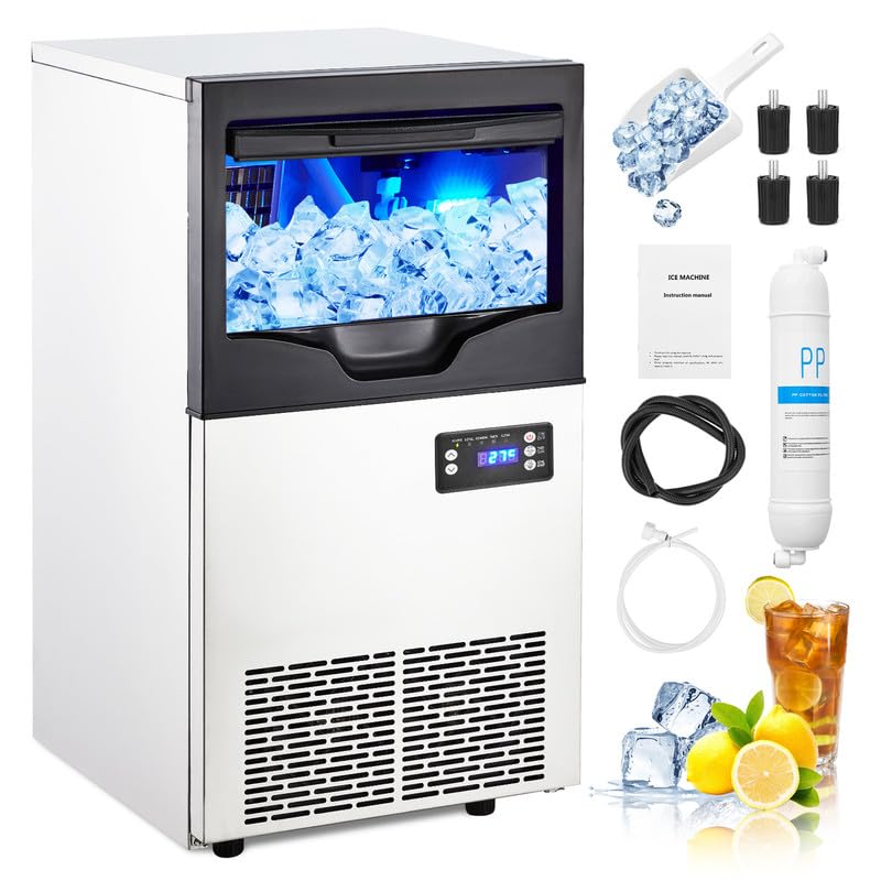 Litake Commercial Ice Maker Machine, 100LBS/24H with 33LBS Bin Stainless Steel Automatic Operation Ice Machine for Home Bar, Including Water Filter, Scoop, Connection Hos