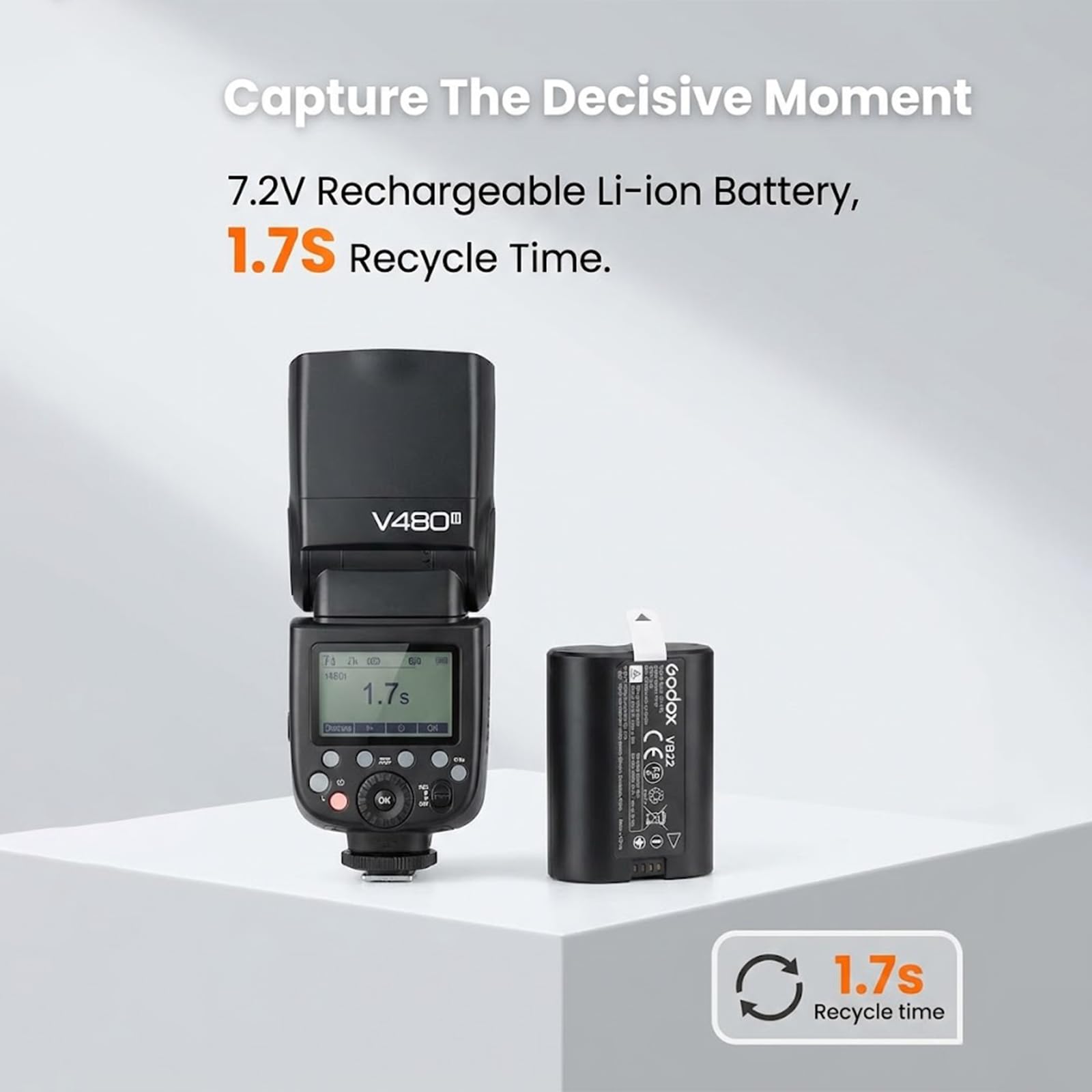 Godox Batterie de rechange VB22 pour V480, 7,2 V 2200 mAh Li-ion pour GODOX V480C / V480S / V480N / V480O / V480F et V350C / V350S / V350N / V350O / V350F Flash d'appareil photo Charge rapide USB-C