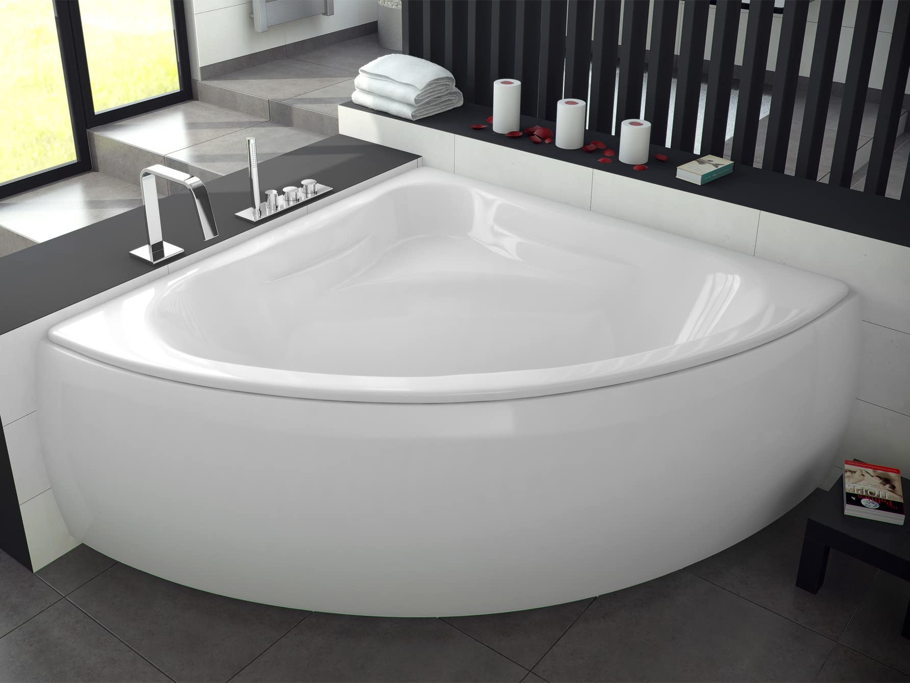 BADLAND Original Eckbadewanne Weiß Acryl Wanne Badewanne Mia 120x120 KOMPLET KOMPLETTSET SET Acrylschürze, Füßen und Premium Chrom Automatik Ablaufgarnitur Made in EU 4in1