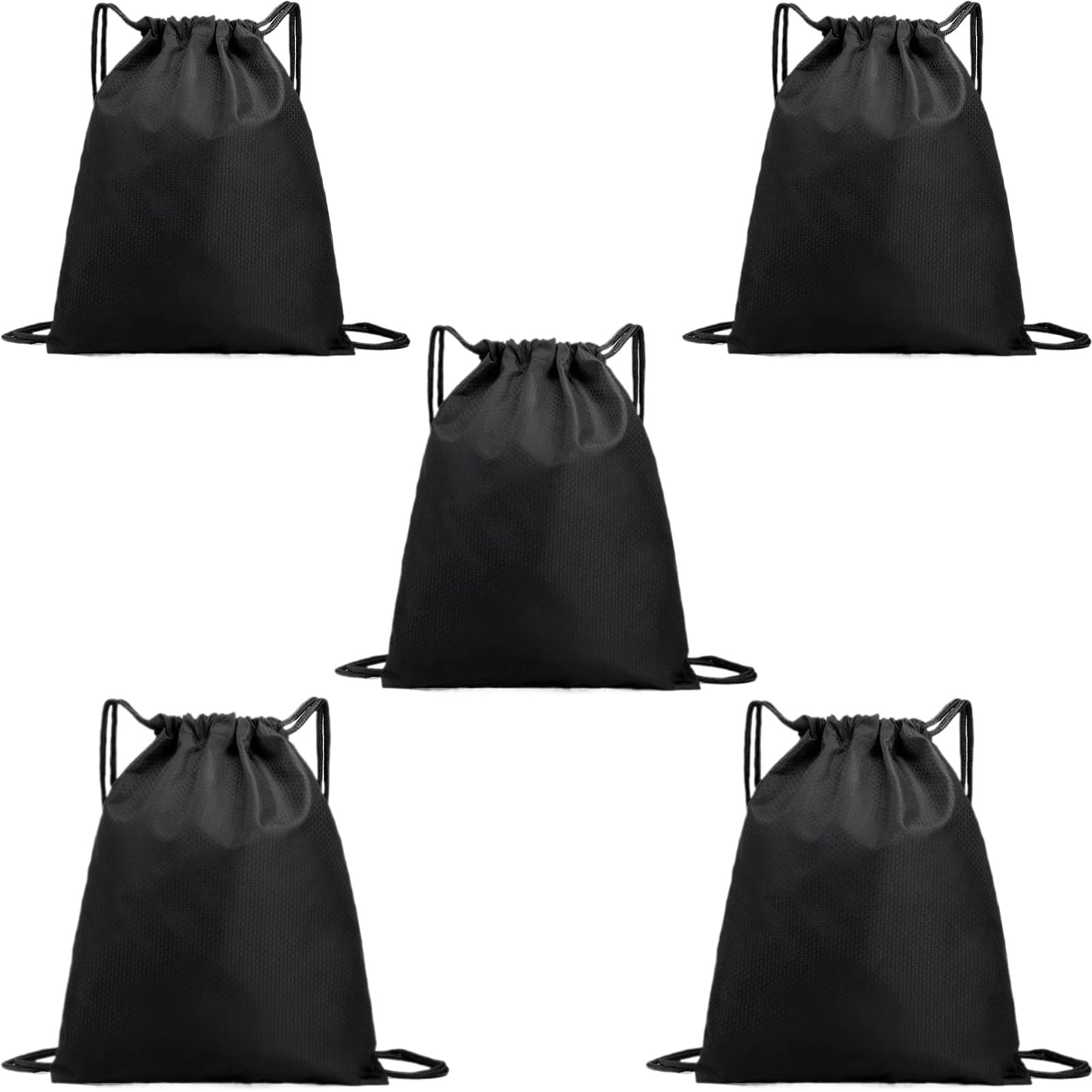 5-Pack Waterproof Drawstring Backpacks, Soccer-Texture Oxford Fabric, 16.9" × 13.8", Lightweight 0.20 lb Each, No Eyelets, Gym &amp; Marathon Gear Sacks(Black)