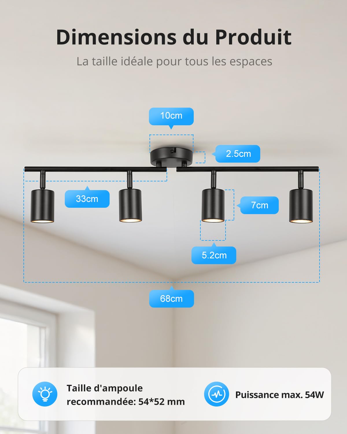 Gr4tec Plafonnier 4 Spots Orientable GU10 Noir, Luminaire Plafond LED Mural, Barre de Spot pour Cuisine