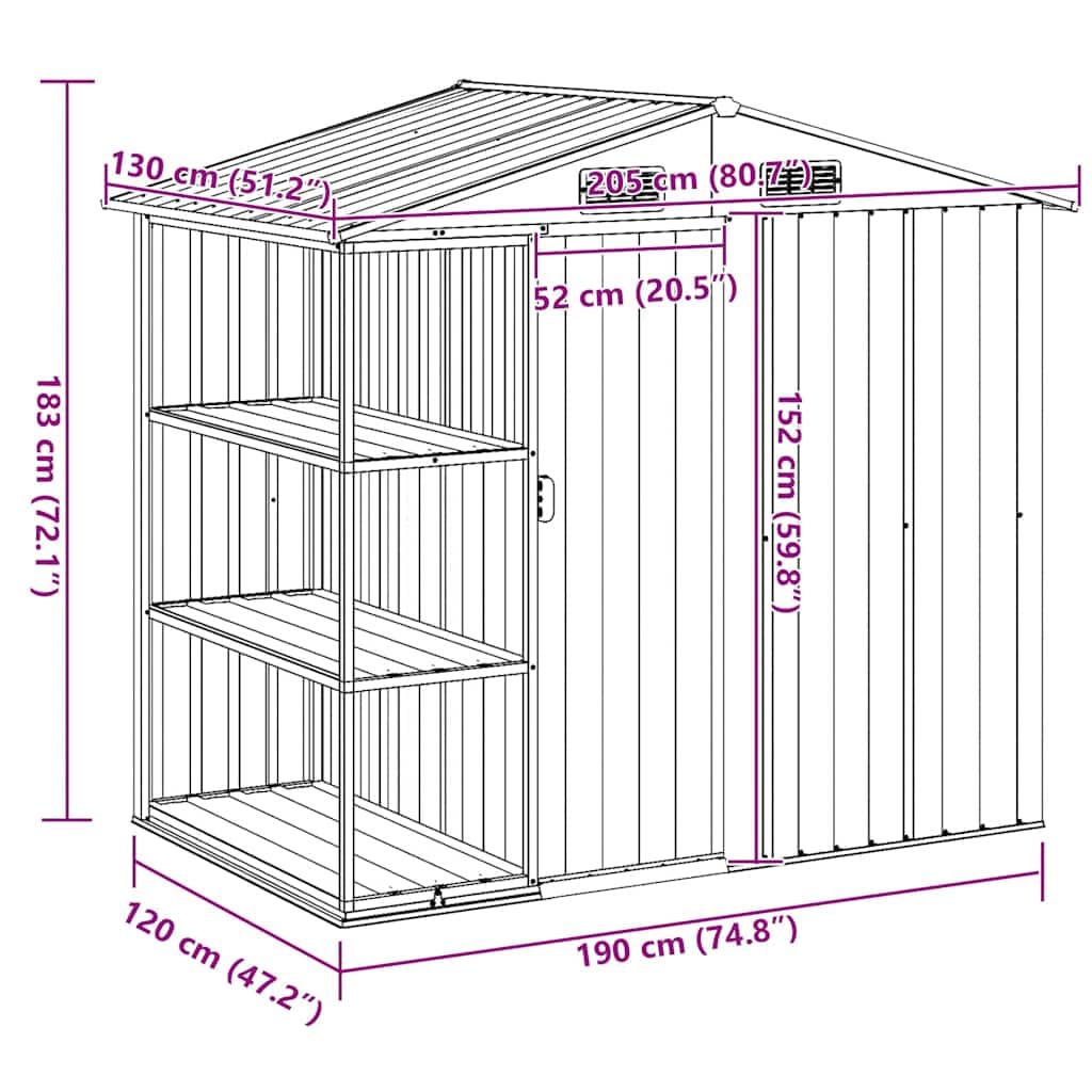 Gartenhaus mit Regal Grau 205x130x183 cm verzinktes Eisen mit Schiebetür und Lüftungsschlitzen für Gartenlagerung und Werkzeugeinsatz im Außenbereich