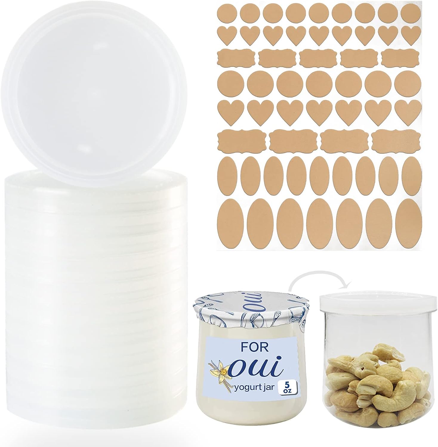 Yogurt Jar Lids Compatible with Oui, with Labels, Clear Plastic, 12 Pack