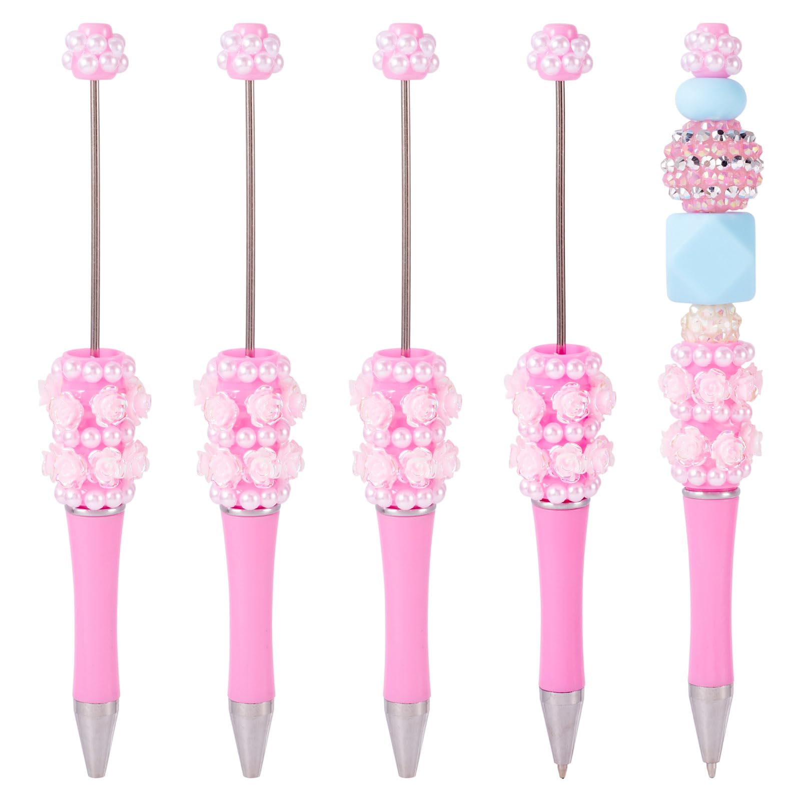 Spritewelry Pearl Flower Beadable Pens 5 Pcs Pink Fancy Rose Flower Bling Glittery Beaded Pens DIY Plastic Black Ink Ballpoint Pen for Office School