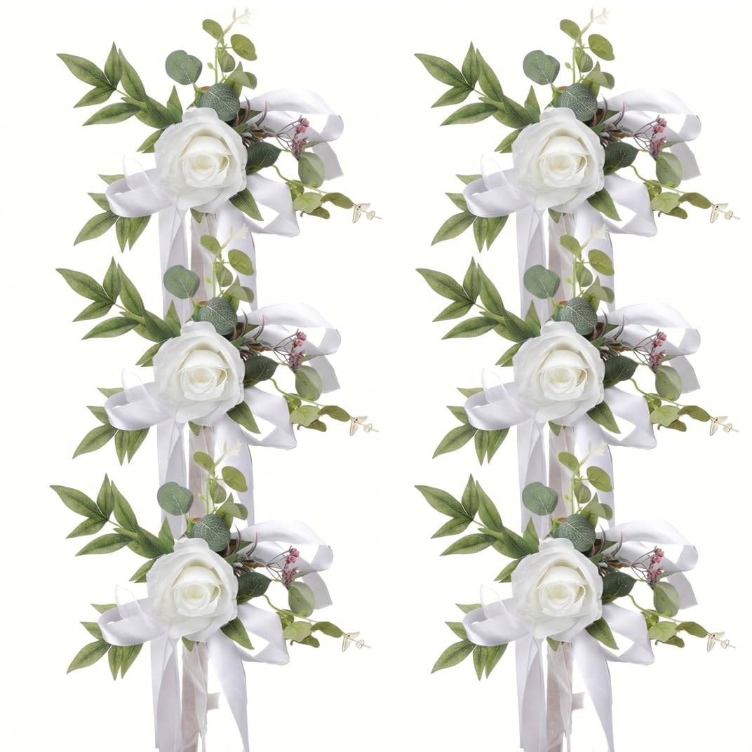 Vistnale Wedding Aisle Decorations|6PCS Wedding Aisle Decorations, 10×18 Inch Artificial Flowers Church Pew Chair Back Floral Arrangements with Greenery & Ribbons, White