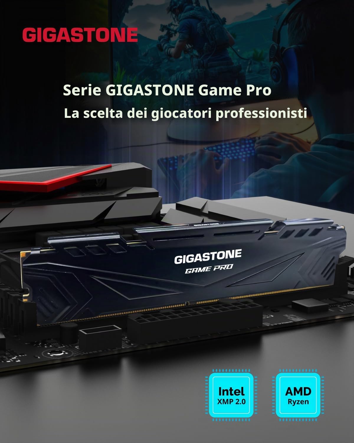 【DDR4 RAM】GIGASTONE Game PRO 32GB Kit(2x16GB) DDR4 3200MHz PC4-25600 CL 16-18-18-40 Intel XMP 2.0 AMD Ryzen 1.35V UDIMM 288pin Unbuffered Non ECC Ideale PC Desktop alta prestazione Memoria-Nero