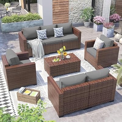 VONZOY Patio Furniture Set,5 Piece Wide Armrest Outdoor Furniture Chair with 4" Thickened Cushion,Wicker Patio Conversation Sets with Waterproof Covers for Backyard, Porch(Grey)