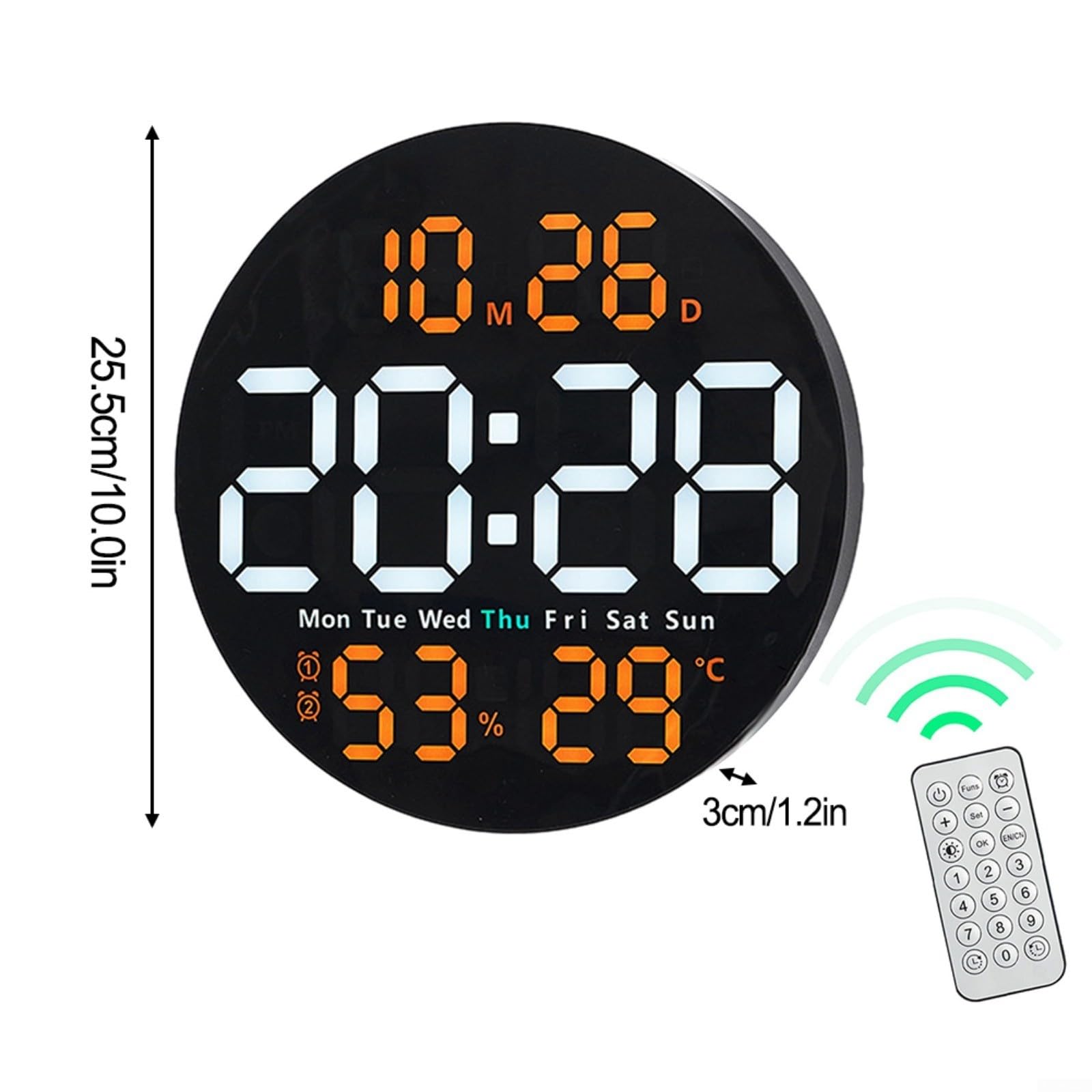 Reloj de pared digital LED digital de 10 pulgadas con temperatura de alarma e higrómetro para salón, oficina, escuela, fitness (naranja)