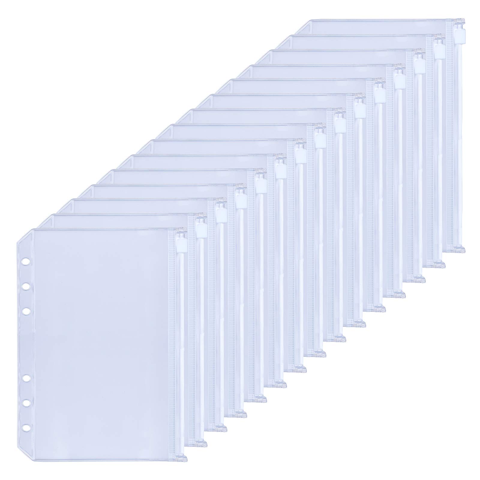 15PCS A5 Zipper Binder Punched Pockets, 6-Holes Clear Plastic Wallet Loose Leaf Bags Budget Binder Planner Insert for Cash Envelopes Bills Document Document Organizer