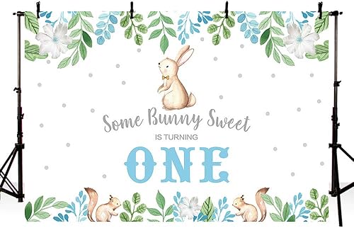 MEHOFOTO - Telón de fondo de fiesta de cumpleaños de 7 x 5 pies, diseño de conejito floral azul primavera conejo plateado con texto en inglés "Some