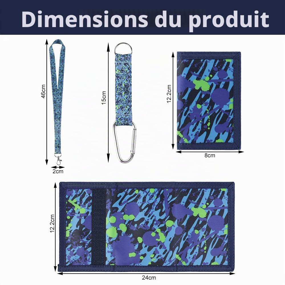 Portefeuille pour Adolescents, Porte Monnaie Enfant Pliable avec Mousqueton, Lanière de Cou, pour Garçons Filles Cadeau Danniversaire détudiant