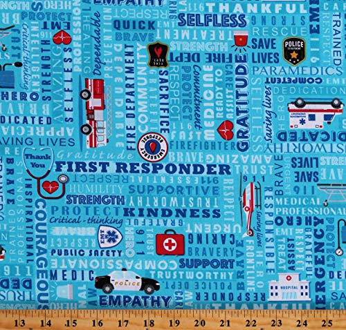 Premium Blue Cotton Fabric Print for Emergency Responders – Police, Fire, Ambulance, and Rescue Tribute – Sold by the Yard