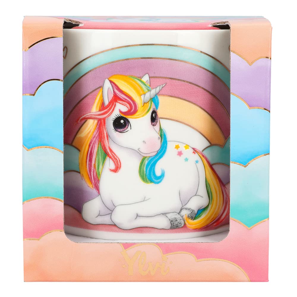 Depesche 12376 Ylvi - Taza en blanco, con motivo de unicornio y diseño de arco iris, taza para beber sin asa de porcelana, capacidad aprox. 250 ml