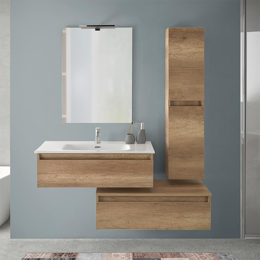 Inbagno Mobile Bagno Sospeso 90 cm Rovere Naturale – Composizione Modulare Con Lavabo In Ceramica E 2 Ampi Cassettoni Soft-Close – Linea Nadia