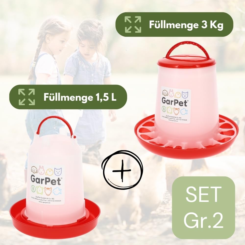 GarPet Futterautomat Hühner + Hühnertränke im Set Futterspender Futtertrog Küken Hühner Zubehör Kükentränke Geflügeltränke Wassertränke Wasserspender Gr. 2