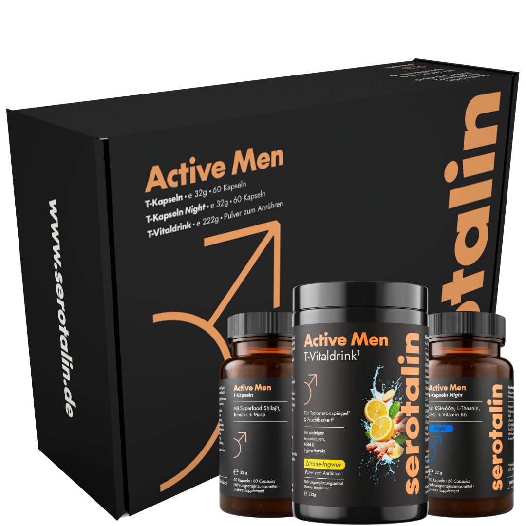 serotalin Active Men Complete Set | Kapseln mit Maca, Night Kapseln mit KSM-66 Ashwagandha & Drink mit Kreatin | Nährstoff Komplex | Made in Germany