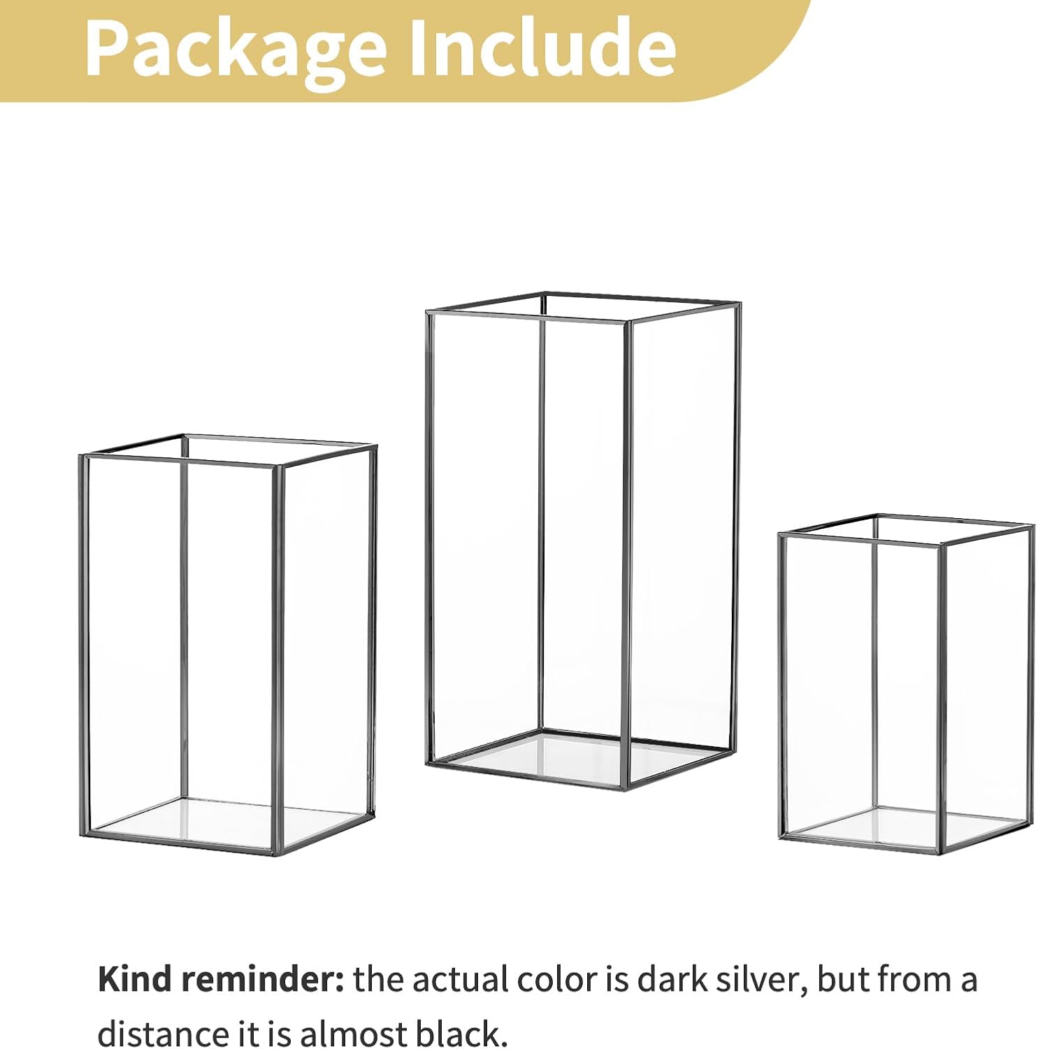 Nuptio Glass Hurricane Candle Holder for Pillar Candles 3 Pcs Black Metal Candle Holders Large Rectangular Candleholder Vase Centerpieces Decoration for Halloween Christmas Party 9.5 & 8.1 & 6.5 inch