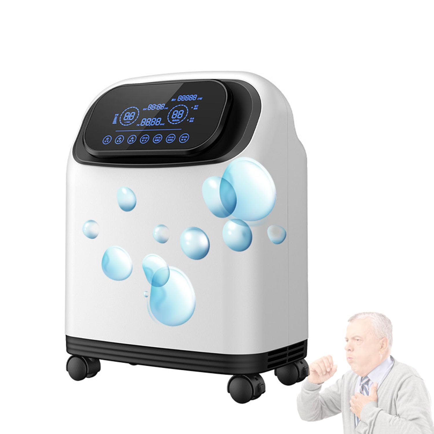 Sauerstoffkonzentrator 1–9 L/min – 90–93 % Reinheit – Tragbares leises Sauerstoffgerät mit Ionisator, Vernebler, Nachtlicht, Touchscreen & Bluetooth – Für Zuhause, Senioren, Reise, Alltag