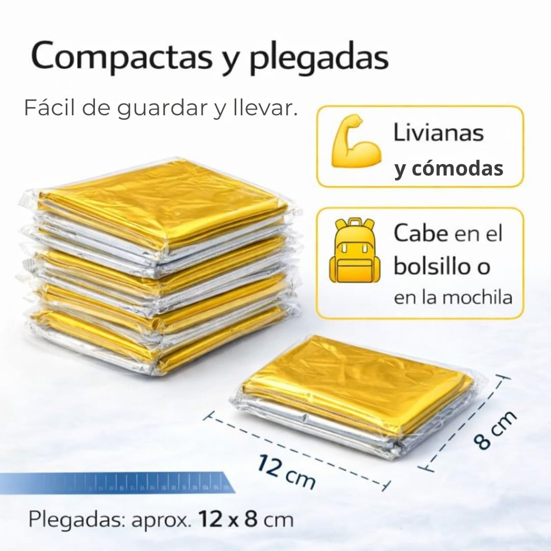Manta Térmica de Emergencia Pack 10 Unidades – Manta Supervivencia Aluminizada Doble Cara Dorado/Plateado 210 x 130 cm – Prevención de Hipotermia para Coche, Montaña, Camping y Primeros Auxilios