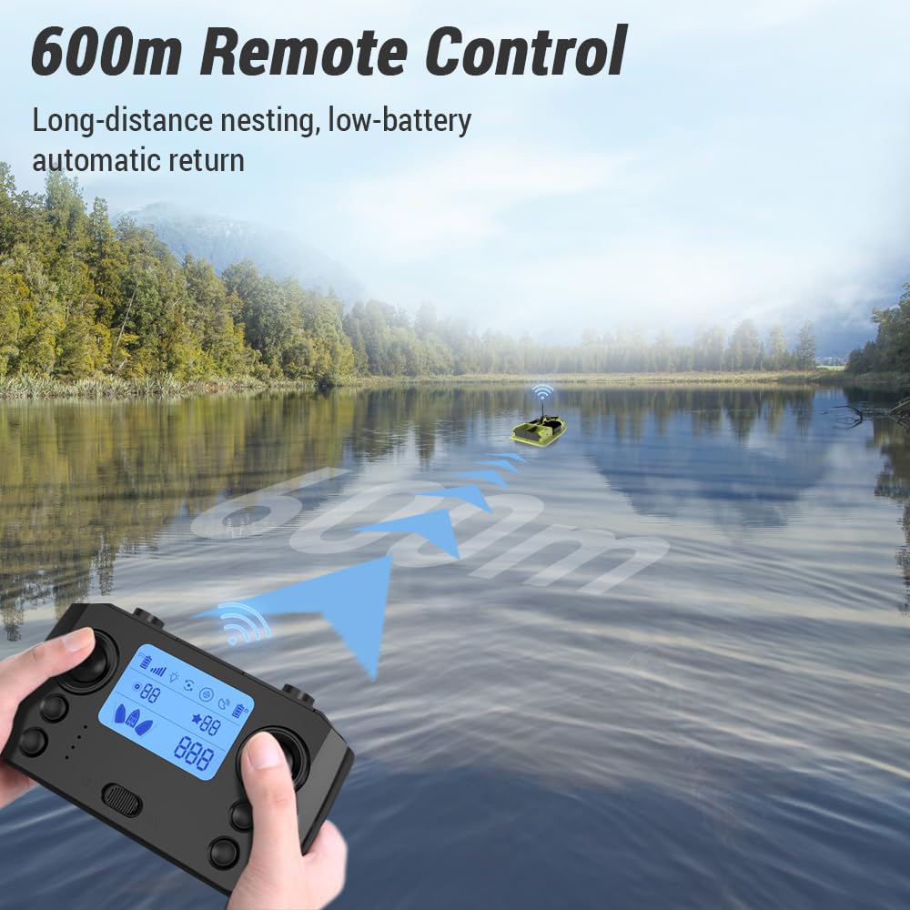 Matybobe RC, 500 m, telecomando senza fili, barca per esche da pesca, barca per feeder con 4 contenitori per esche, portata 2 kg