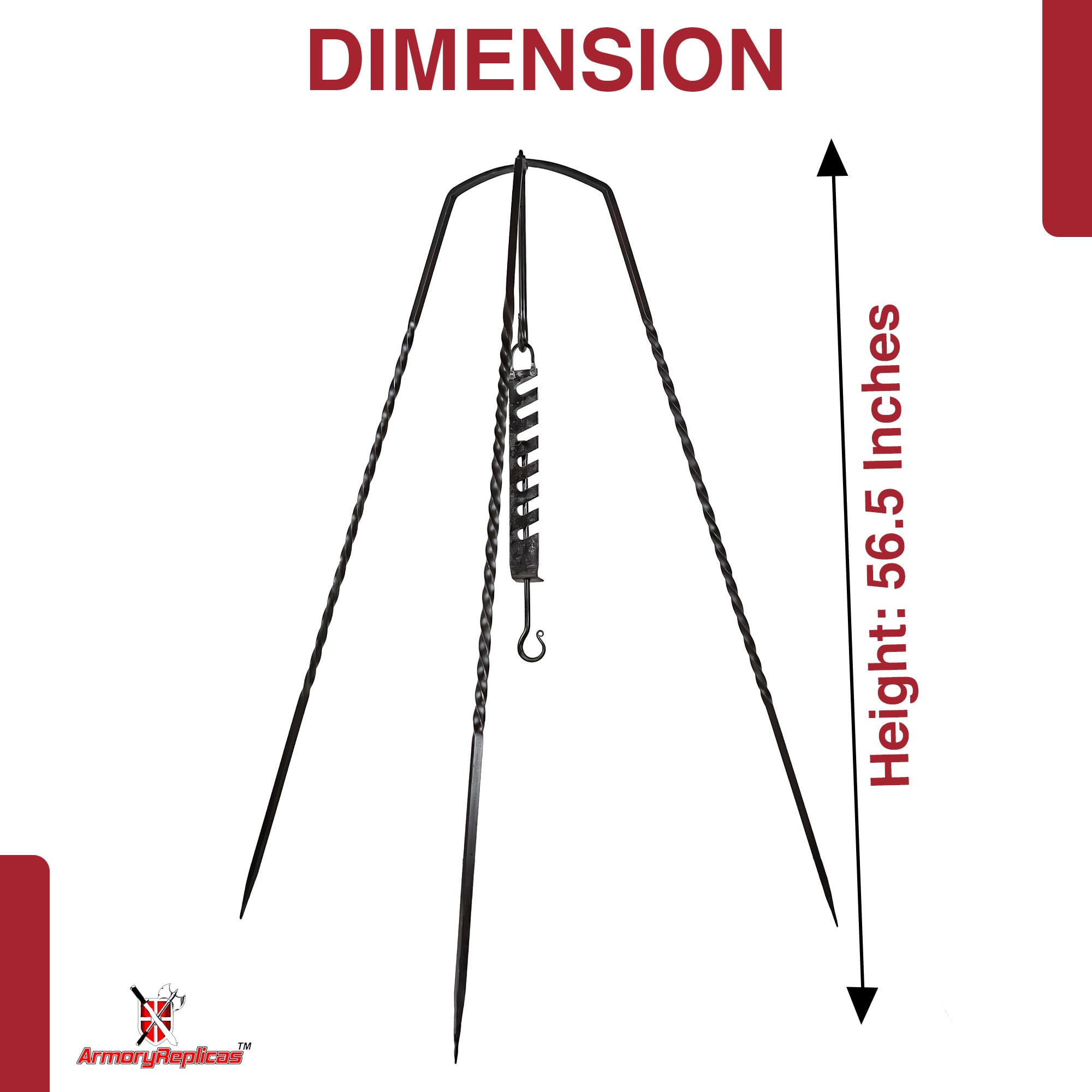 Armory Replicas 56.5-Inch Forged Iron Tripod with Adjustable Pot Hook for Medieval Camping & Outdoor Cooking
