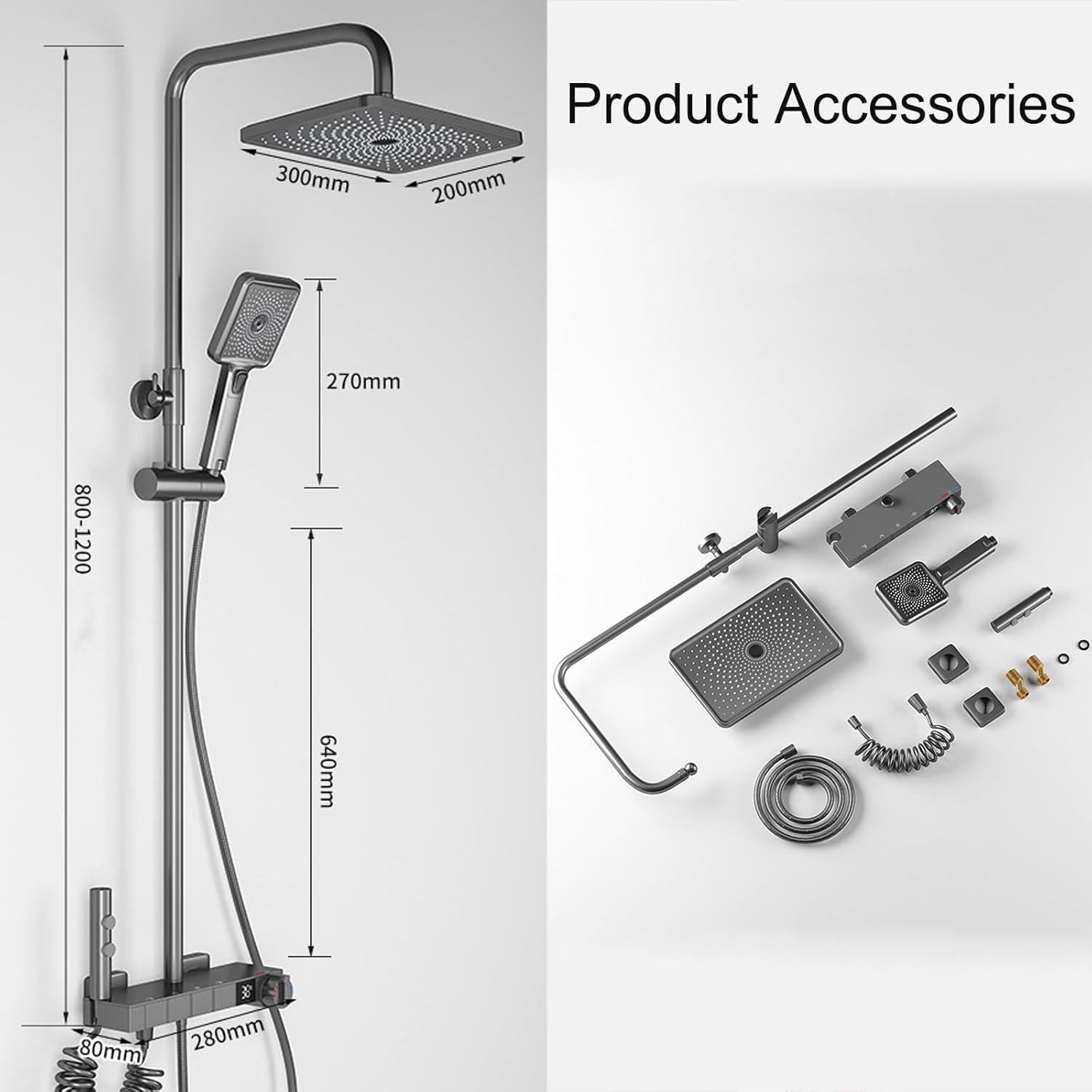 Thermostatic Shower System, Digital Display Bathroom Shower Faucet Set Gray Shower Fixtures 4 Functions Shower Kit with Valve and 4 Modes Shower Head, 2 Modes Bidet Sprayer, Bathtu
