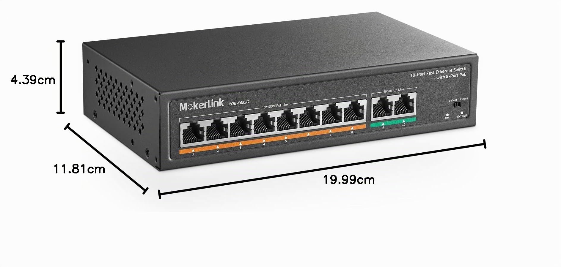 mokerlink Switch Poe 8 Porte, 2 Porte Gigabit Uplink, Poe Plus 802.3af/at, 120W di Potenza Integrata, 250 Metri, Metal Plug & Play