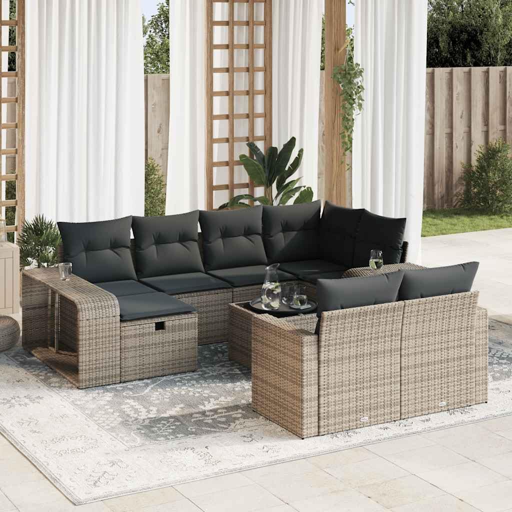 Juego de sofá modular de ratán sintético para jardín con espacio de almacenamiento y fundas de almohada extraíbles, 11 piezas, color gris