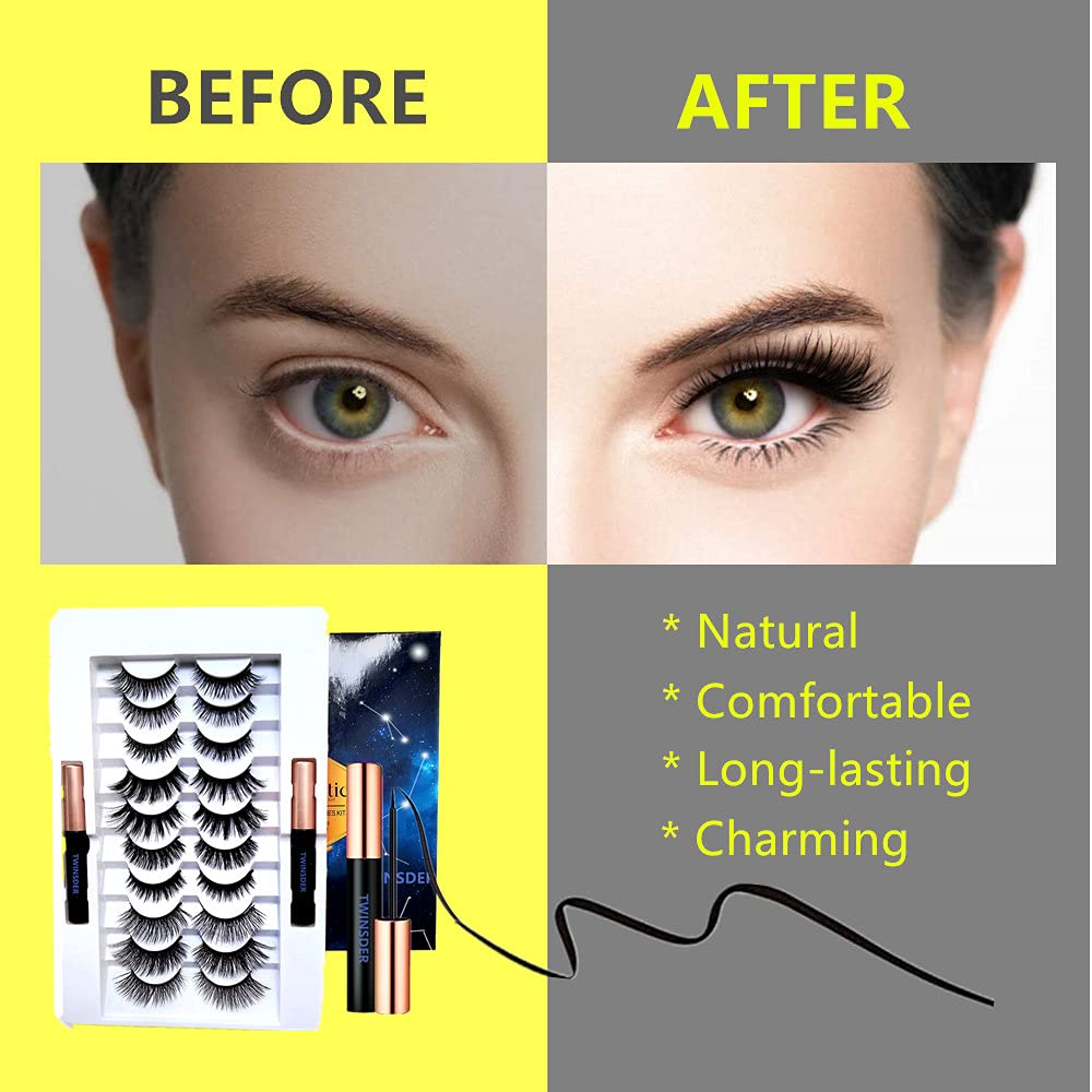 Upgraded 3D 6D Magnetic Eyelashes - 10 Pairs Magnetic Lashes with 2 Tubes of Magnetic Eyeliner - Natural Look & Reusable Magnetic False Eyelashes -No Glue Needed