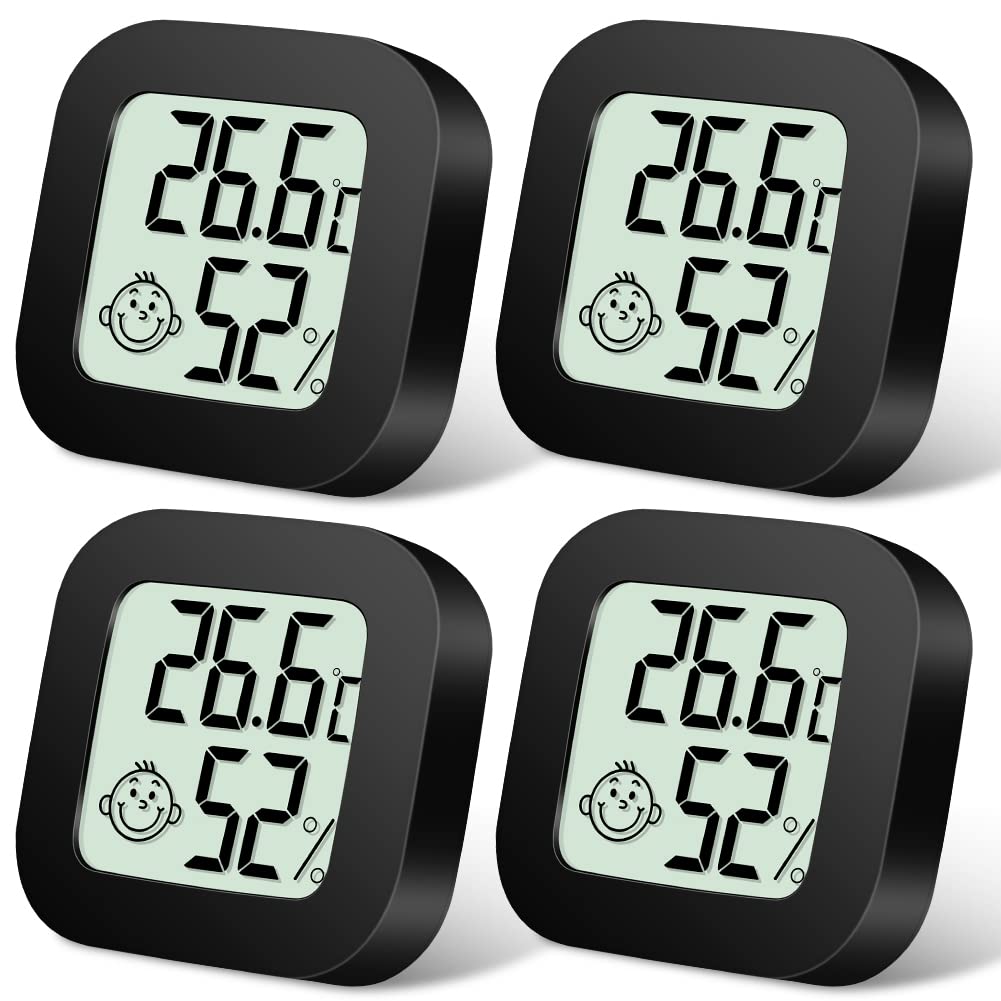 Flintronic Mini LCD Thermometer, 4 Stück Digital Thermometer Innen, Hygrometer Innen, Thermometer Hygrometer, Kabelloses, Luftfeuchtigkeit Meter für Babyzimmer Wohnzimmer Büro Gewächshaus(Schwarz)
